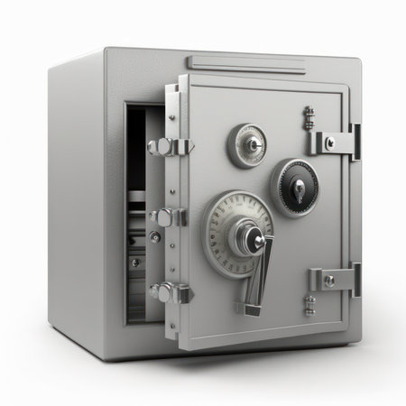 3d illustration of metal safe box with combination lock on white backgroundの素材
