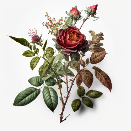 Bouquet of dried roses with green leaves on a white backgroundの素材