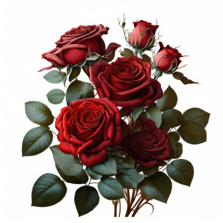 Bouquet of red roses with green leaves isolated on white backgroundの素材