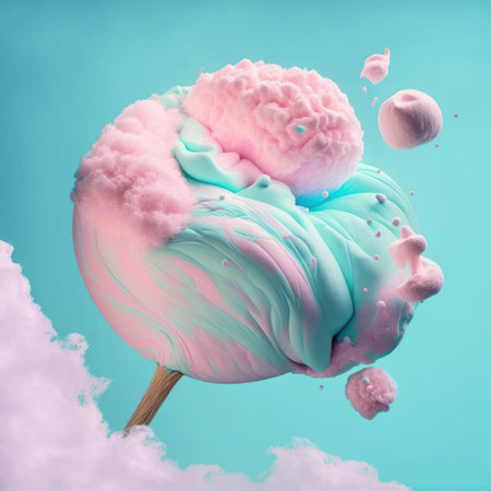 Pink ice cream in the shape of a cloud on a blue backgroundの素材