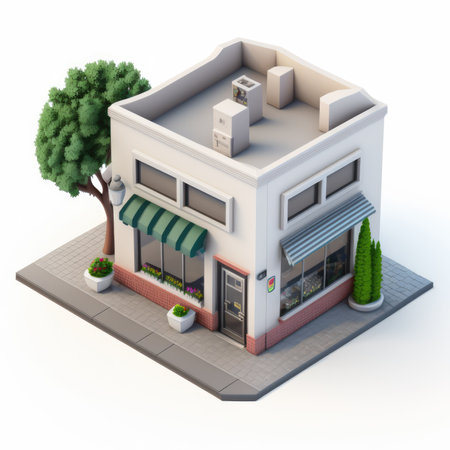 3D isometric illustration of a small shop or restaurant building.の素材