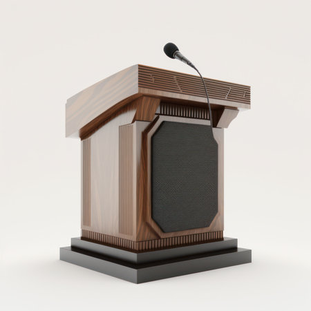 Speaker podium with microphone isolated on white background. 3d renderの素材