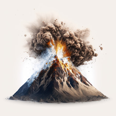 Volcano eruption with smoke isolated on white background. 3d illustrationの素材