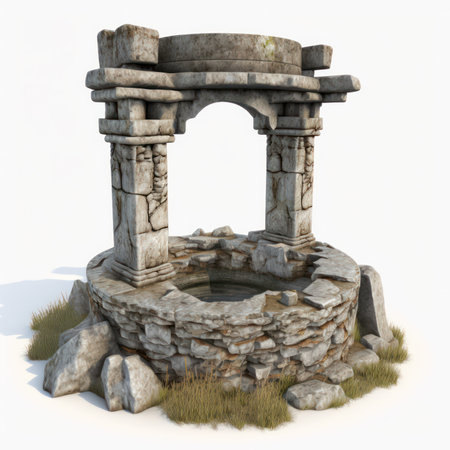 3D rendering of an ancient water fountain on white background with shadowの素材