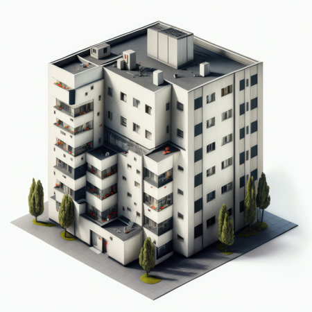Modern apartment building on a white background. 3d render illustration.の素材