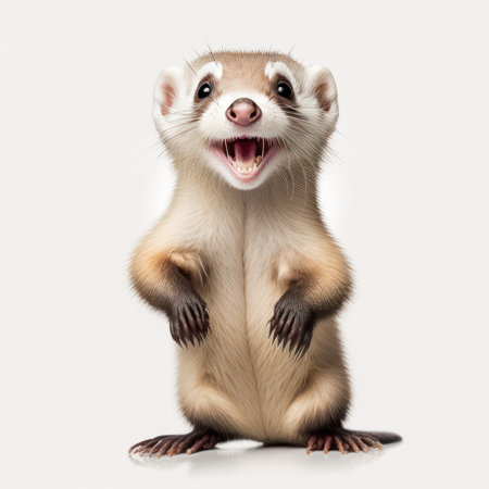 Ferret standing on its hind legs and laughing. Isolated on white background.の素材