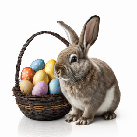 Easter bunny with basket of colorful eggs isolated on white background.の素材