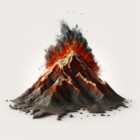 Volcano eruption with ash and smoke on white background. 3d illustrationの素材