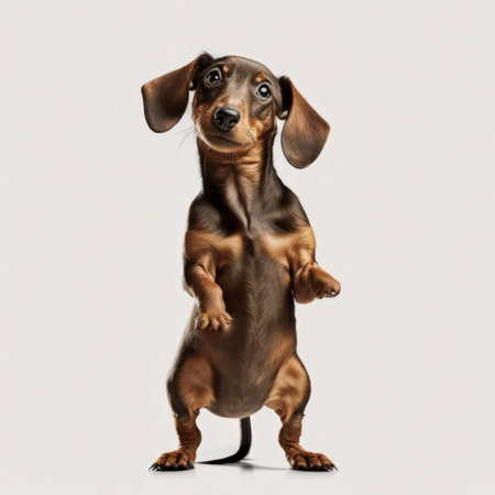 Dachshund dog standing on hind legs isolated on white backgroundの素材