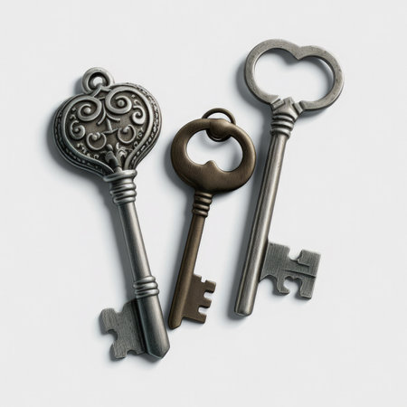 Three old keys on a white background. Conceptual image of love.の素材