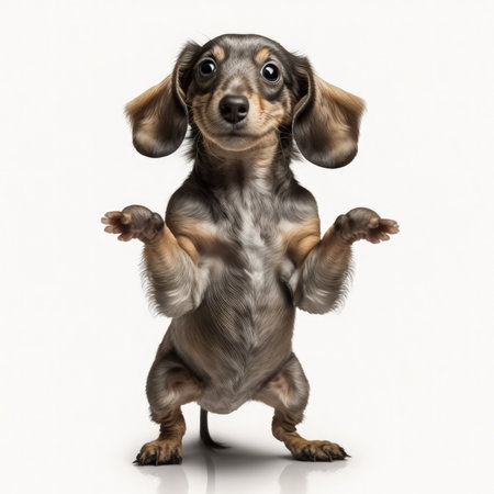 Dachshund dog standing on hind legs and looking up, isolated on white backgroundの素材