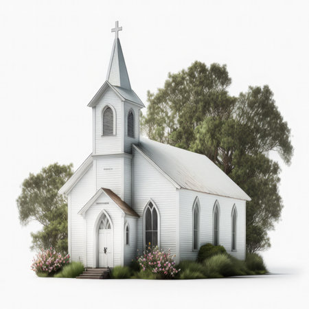 Church with trees and grass on a white background. 3d illustrationの素材