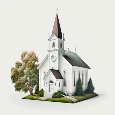 Church on the island with trees and grass. 3d render.の素材