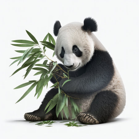 Giant panda eating bamboo leaves, isolated on white background.の素材