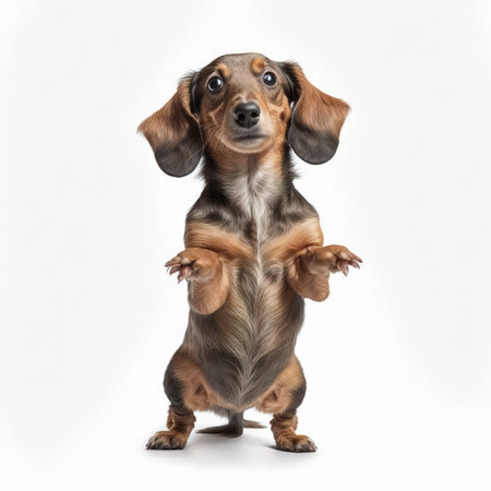 Dachshund puppy standing on white background and looking at cameraの素材