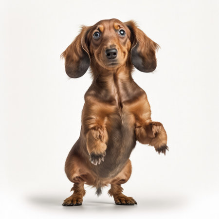 Dachshund dog jumping on white background. 3D illustration.の素材