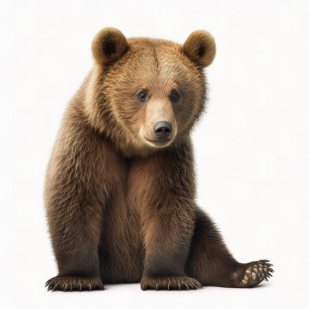 Brown bear sitting, isolated on white background. 3D illustration.の素材