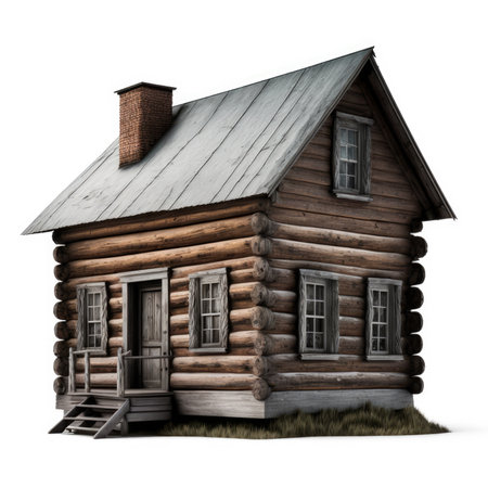 Old wooden log house isolated on white background. 3D illustration.の素材