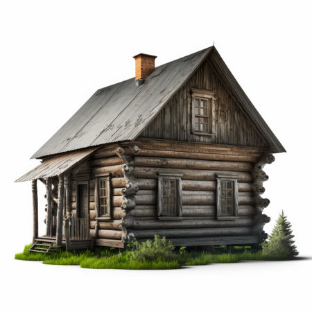 Old wooden log house isolated on white background. 3d illustration.の素材