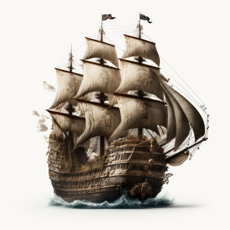 Sailing ship with sails on a white background. 3d illustrationの素材