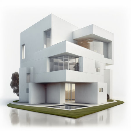 3D rendering of a modern house isolated on a white background.の素材