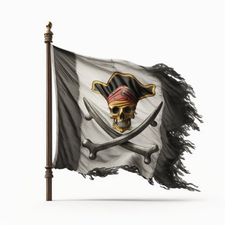 Pirate flag with pirate skull isolated on white. 3D illustrationの素材