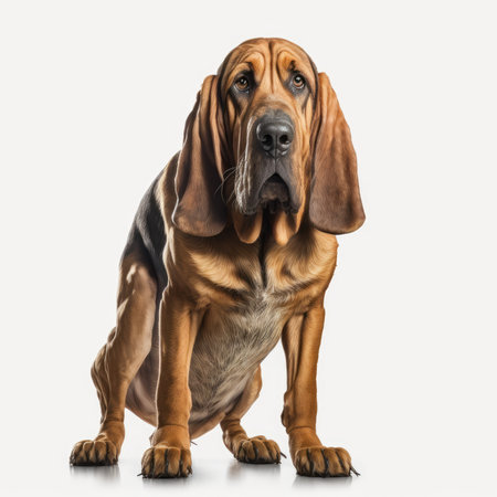 Cute Rhodesian Ridgeback puppy sitting and looking up isolated on white backgroundの素材