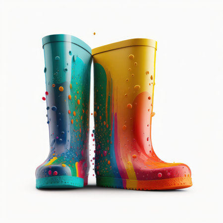 Rubber boots with splashes of water on a white background.の素材