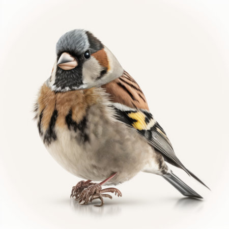 Portrait of a common chaffinch (Fringilla montifringilla) isolated on white backgroundの素材