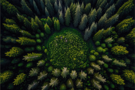 Aerial view of green forest. Top view of coniferous forest.の素材