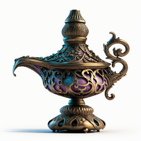 Antique Aladdin magic lamp isolated on white background. 3d illustrationの素材