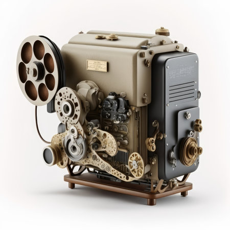 Old movie projector on a white background. 3D illustration. Vintage style.の素材