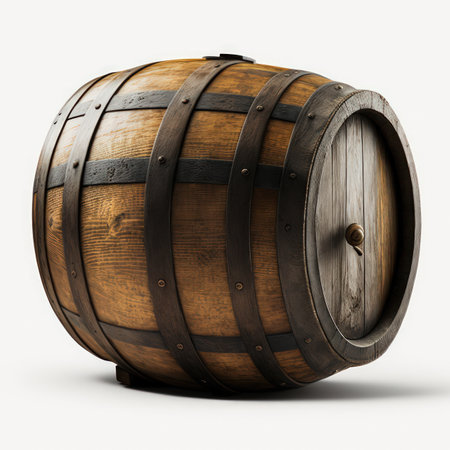 Wooden barrel isolated on white background. 3d rendering. Clipping path included.の素材