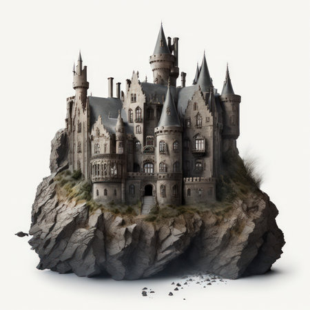 Fantasy castle on a rock isolated on white background. 3d illustrationの素材