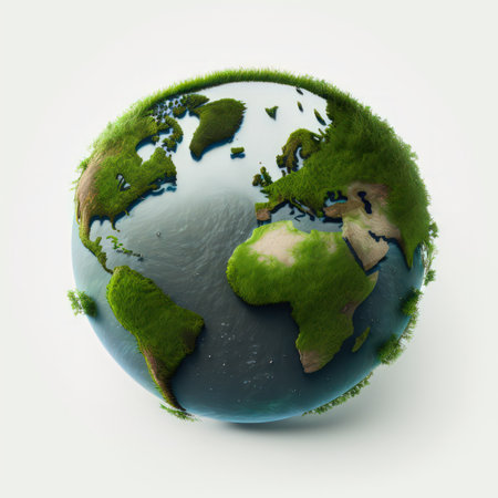 Earth planet with green grass and white background. 3D illustration.の素材