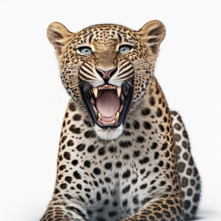 Leopard with open mouth isolated on white background. 3D illustration.の素材