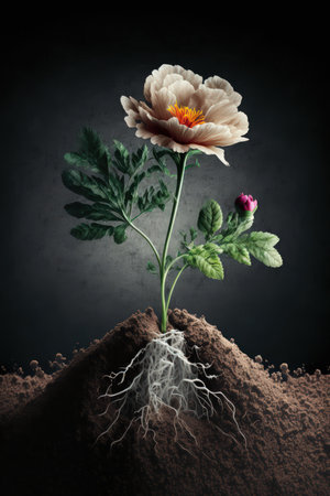 Flower in soil with roots on dark background, 3d renderの素材