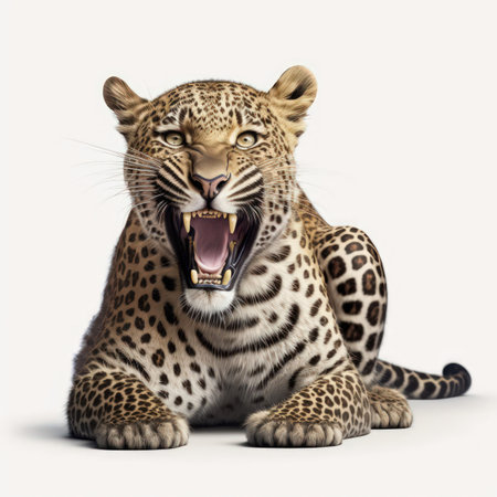 Leopard with open mouth sitting on white background. 3D illustrationの素材