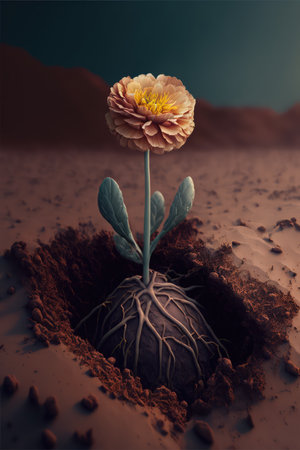 3d illustration of a flower in the ground with soil and dirtの素材