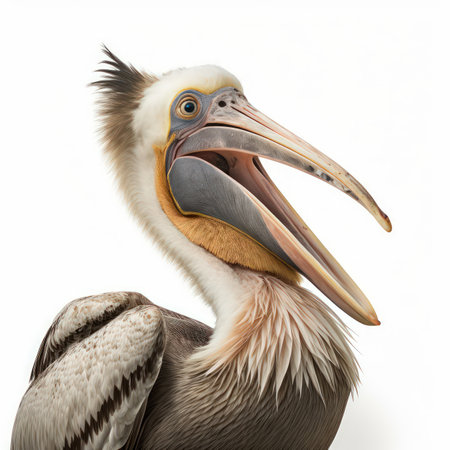 Pelican isolated on white background. Close-up portrait.の素材