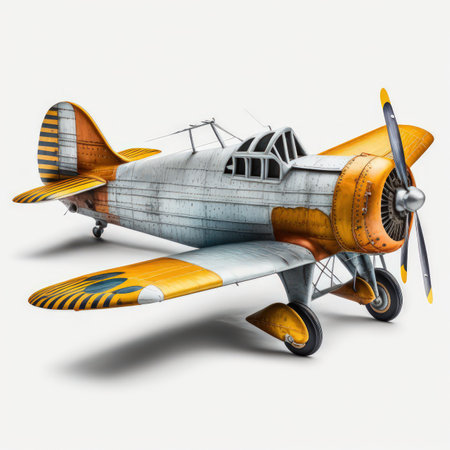 3D rendering of a retro airplane isolated on white background with shadowの素材