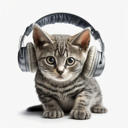 Cute little kitten with headphones on white background. Animal theme.の素材