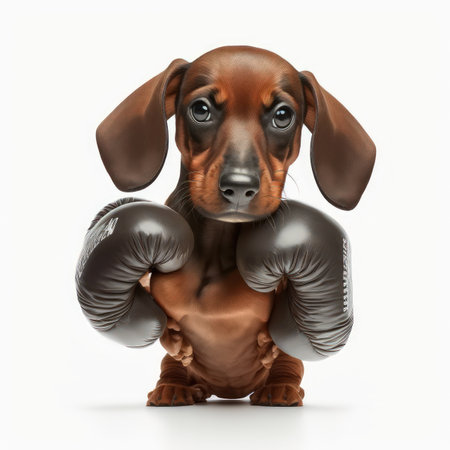 Dachshund dog with boxing gloves isolated on a white backgroundの素材