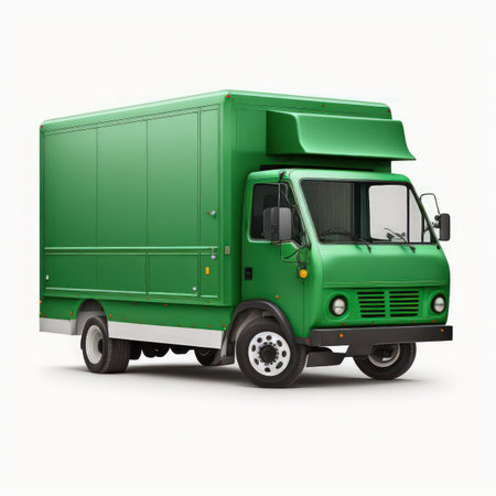 Green commercial delivery truck on a white background. 3d rendering.の素材