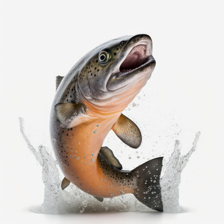 Salmon jumping out of water. Isolated on white background.の素材