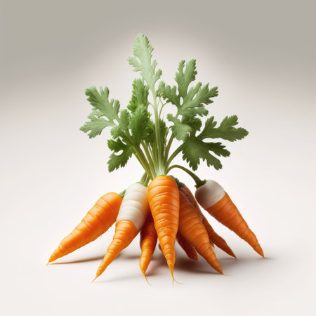 Bunch of fresh carrots with green leaves isolated on white background.の素材