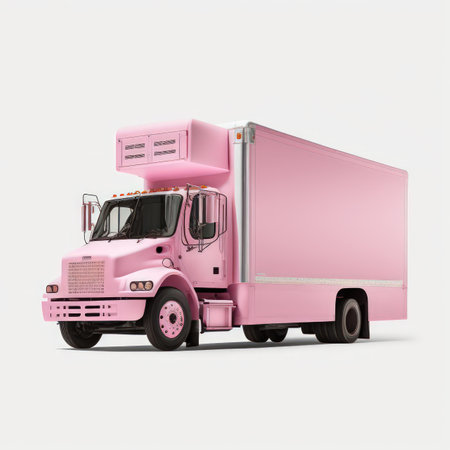 Pink commercial delivery truck on a gray background with shadow. 3d renderingの素材