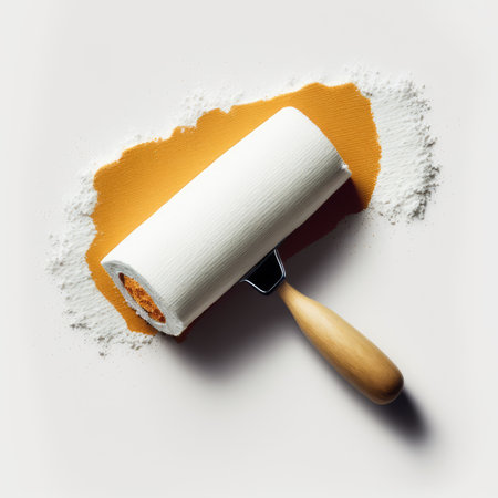 Roller with white paper and orange paint on a white background.の素材