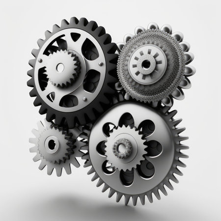 3d rendering of metallic gears and cogs on a white backgroundの素材