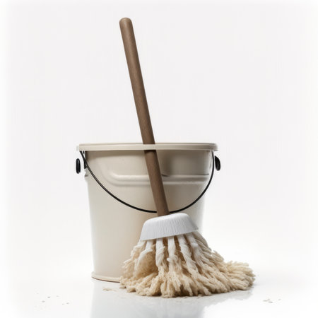 A bucket and a mop on a white background. Cleaning conceptの素材